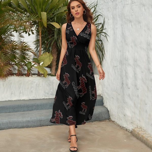 Plaid Moose Animal Silhouette Canada Womens Casual Sleeveless Dress Maxi Long Beach Dress Sundress