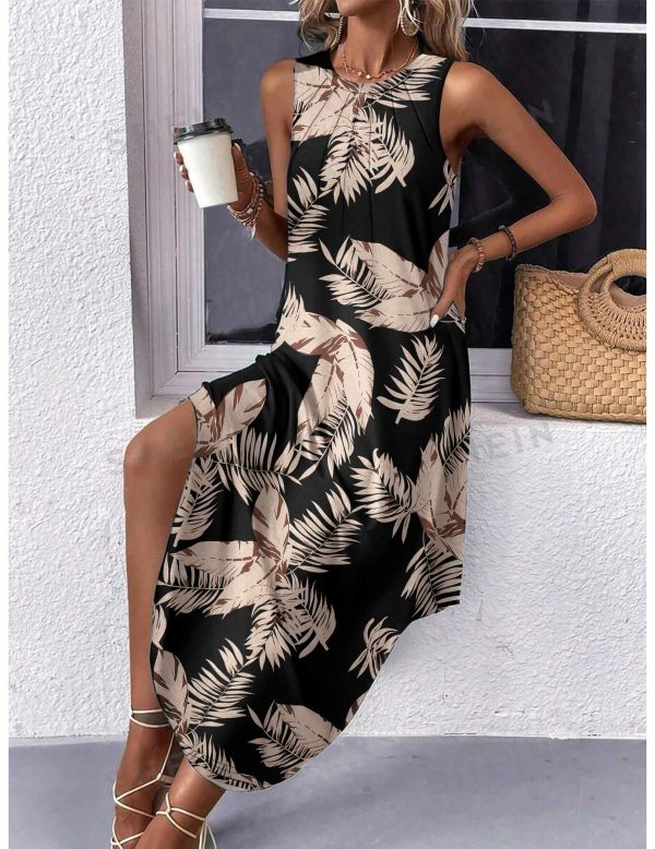 Women Floral Summer Dress Casual Beach Dress Printed Tank Dress with Pockets Pleated Front Long Dress