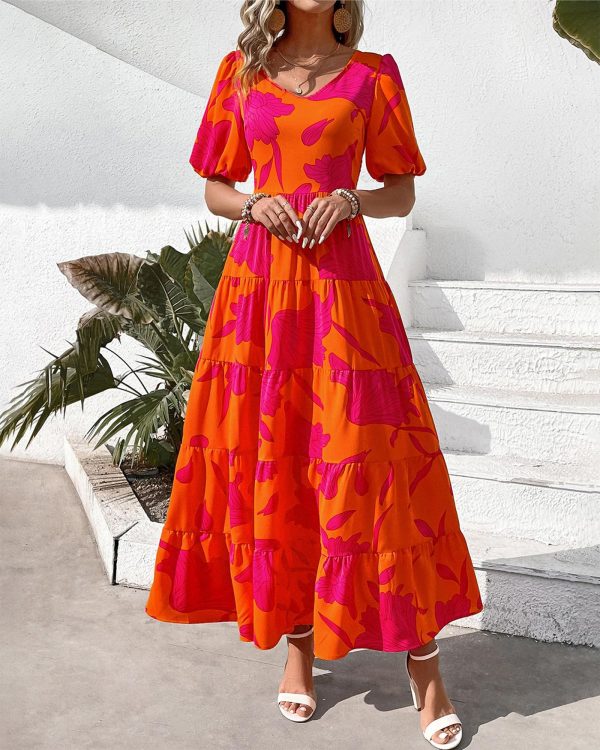 81b3Izun-DL.jpg Casual Women Summer Dresses 2024 Puff Sleeve Floral Maxi Dresses Smocked Backless Flowy Tiered Beach Long Dress