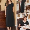 Women's Nursing Dress Summer V Neck Short Sleeve Maternity Split Long Dresses for Breastfeeding with Pockets S-XXL