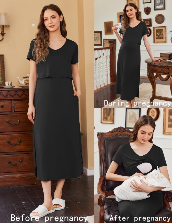 Women's Nursing Dress Summer V Neck Short Sleeve Maternity Split Long Dresses for Breastfeeding with Pockets S-XXL