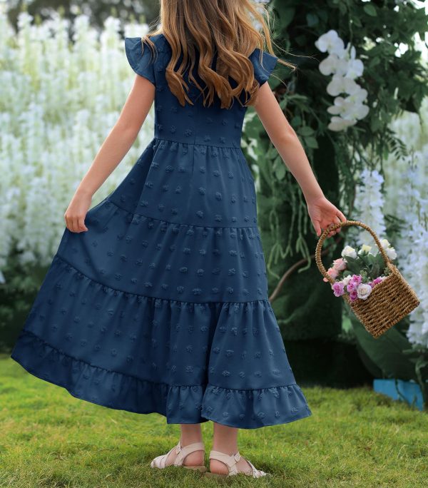 Girls Maxi Dress Ruffle Sleeve Swiss Dot A Line Tiered Flowy Casual Party Dresses with Pockets for 6-12 Y