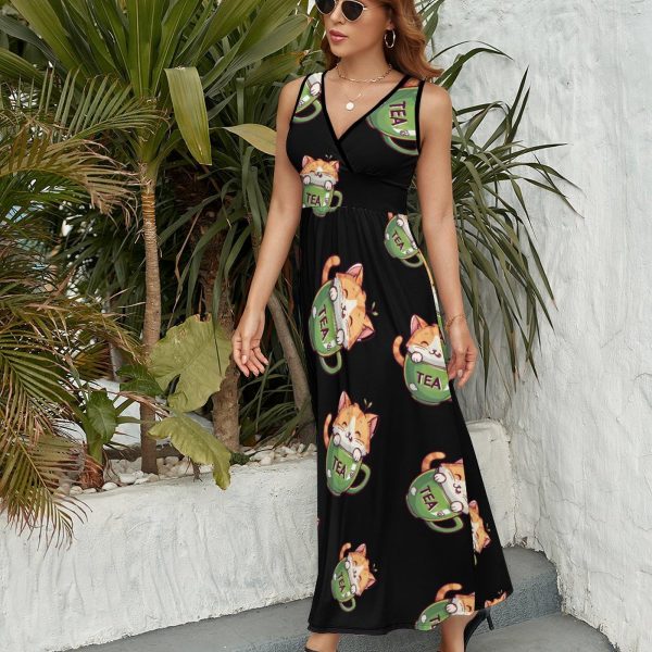 81f-UiFAJL.jpg Cat Teacup Womens Casual Sleeveless Dress Maxi Long Beach Dress Sundress
