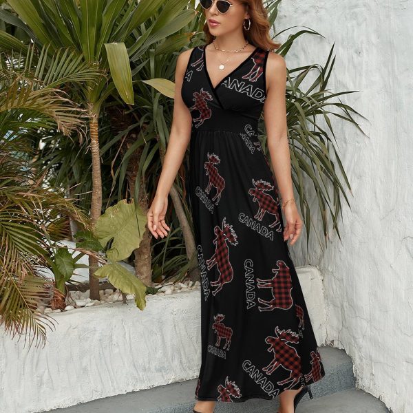 Plaid Moose Animal Silhouette Canada Womens Casual Sleeveless Dress Maxi Long Beach Dress Sundress