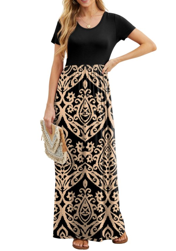 81fbhRS8gXL.jpg Women Summer Crew Neck Casual Short Sleeve Solid Floral Print Long Maxi Dress with Pockets