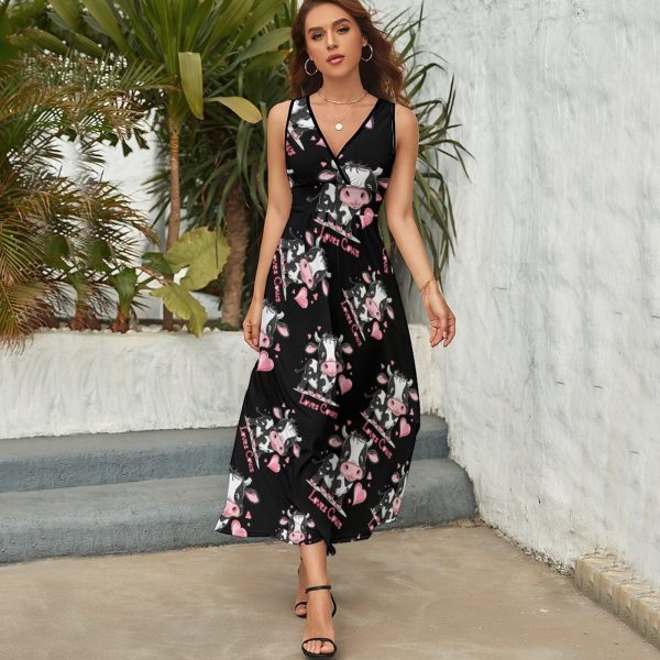 Loves Cows Cute Cow Print Womens Casual Sleeveless Dress Maxi Long Beach Dress Sundress