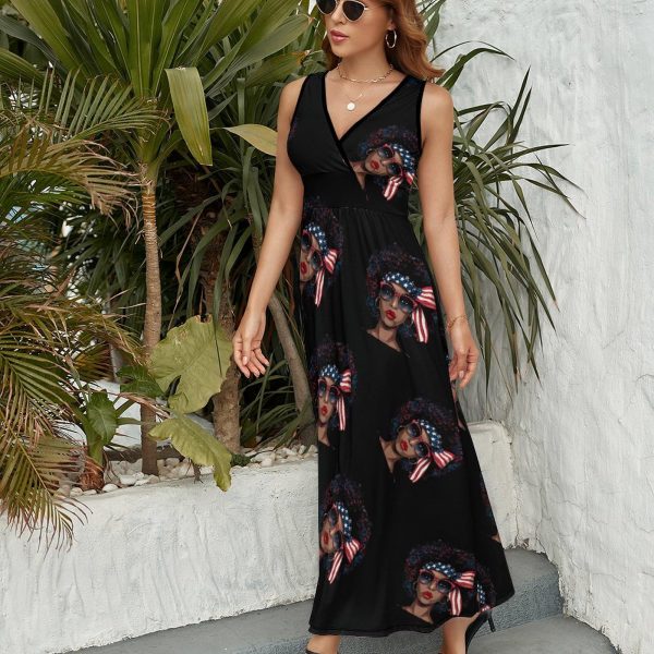 Black Women US Flag Melanin Afro 4th of July African American Womens Casual Sleeveless Dress Maxi Long Beach Dress Sundress