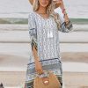 Women Casual Beach Summer Dress Boho Tassel Tie Neck 3/4 Long Sleeve Short Floral Print Flowy Cover Up Sundresses