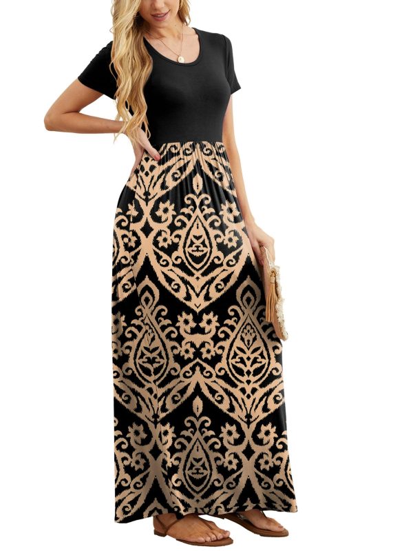 81nLhqp3dRL.jpg Women Summer Crew Neck Casual Short Sleeve Solid Floral Print Long Maxi Dress with Pockets