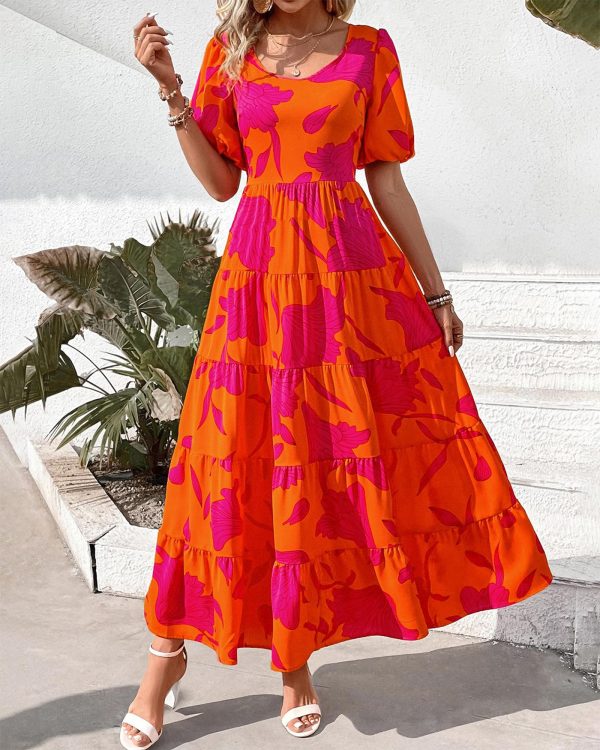 81owu13nZUL.jpg Casual Women Summer Dresses 2024 Puff Sleeve Floral Maxi Dresses Smocked Backless Flowy Tiered Beach Long Dress