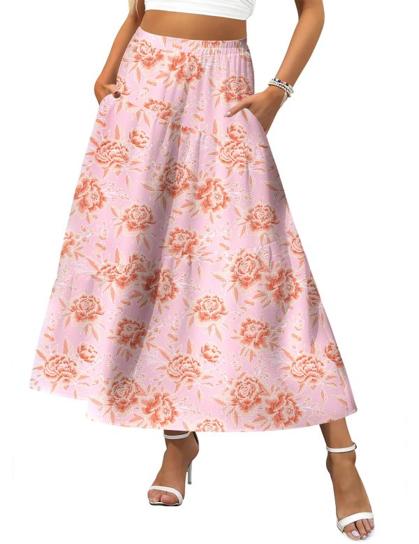 Women's Midi Summer 2025 Boho Elastic High Waist A-Line Flowy Swing Asymmetric Tiered Skirt Dress with Pockets