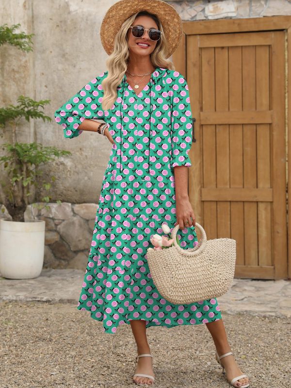81pG1h5hQGL.jpg Women's Boho Maxi Dresses 2025 Summer Casual V Neck Puff Sleeve Floral Tiered Flowy Swing Beach Vacation Long Dress