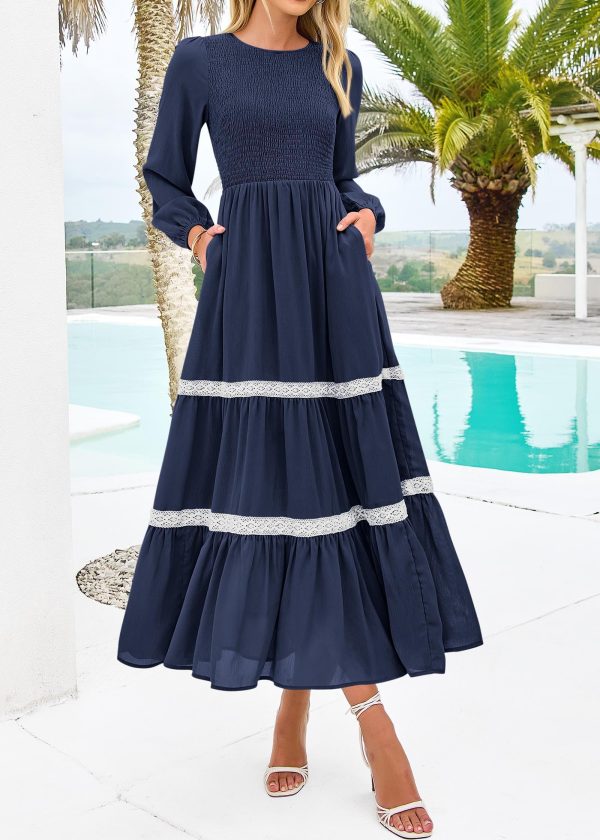 81uIviGIDlL.jpg Womens Smocked Long Sleeve Maxi Dress Wedding Guest Spring Fall Boho Tiered Lace Trim Flowy Long Dresses Pockets