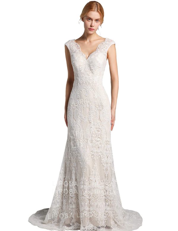 81uNtsxDrIL.jpg Romantic Ivory Lace Wedding Dresses for Brides V Neck Backless Cap Sleeves Sheath Boho Bridal Gown for Bride