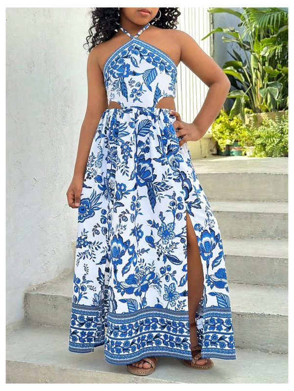 Girl's Summer Long Dress Cut Out Halter Neck Slit Beach Vacation Dresses
