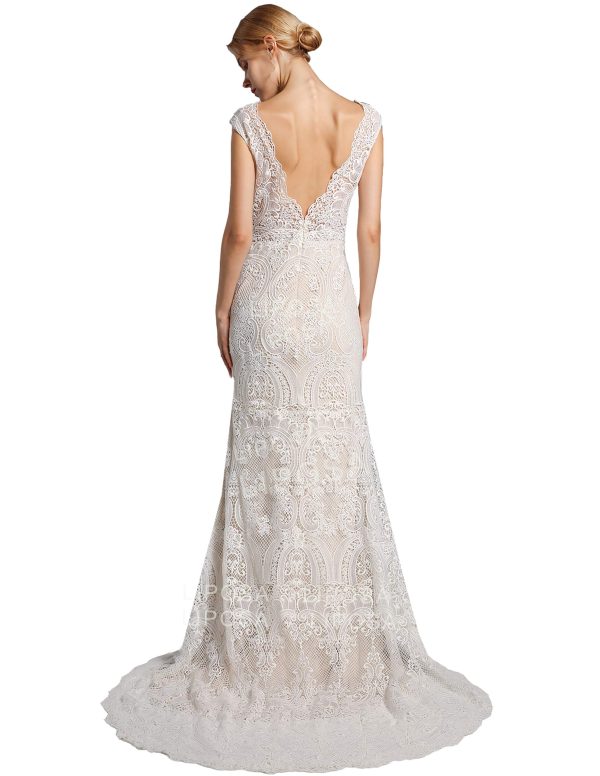 81xnIBM9bXL.jpg Romantic Ivory Lace Wedding Dresses for Brides V Neck Backless Cap Sleeves Sheath Boho Bridal Gown for Bride
