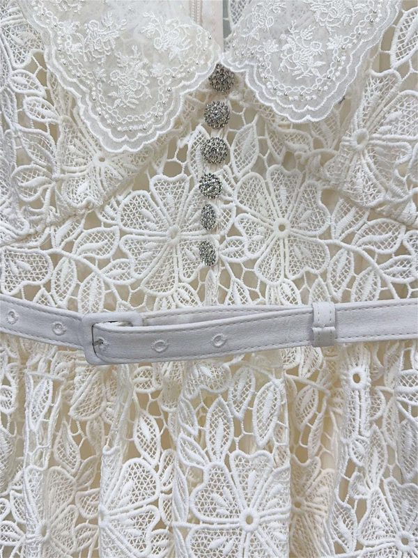 Women's Slimming Embroidery Dress - V-Neck Short Sleeve High Waist Belted Spring Dress