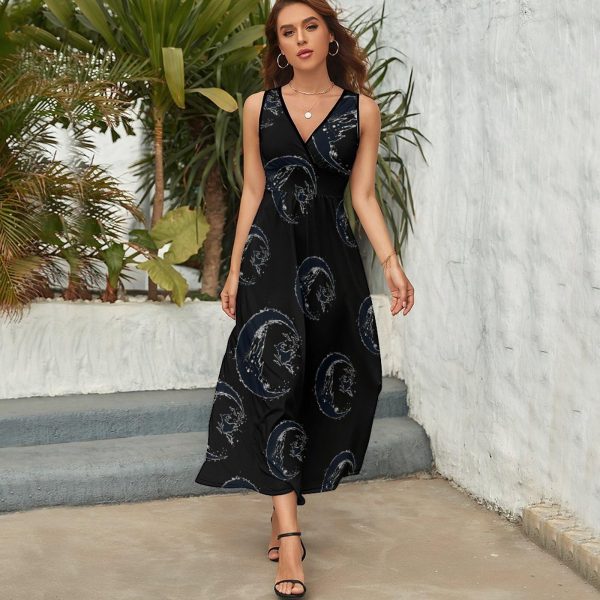 Halloween Black Witch Moon Womens Casual Sleeveless Dress Maxi Long Beach Dress Sundress