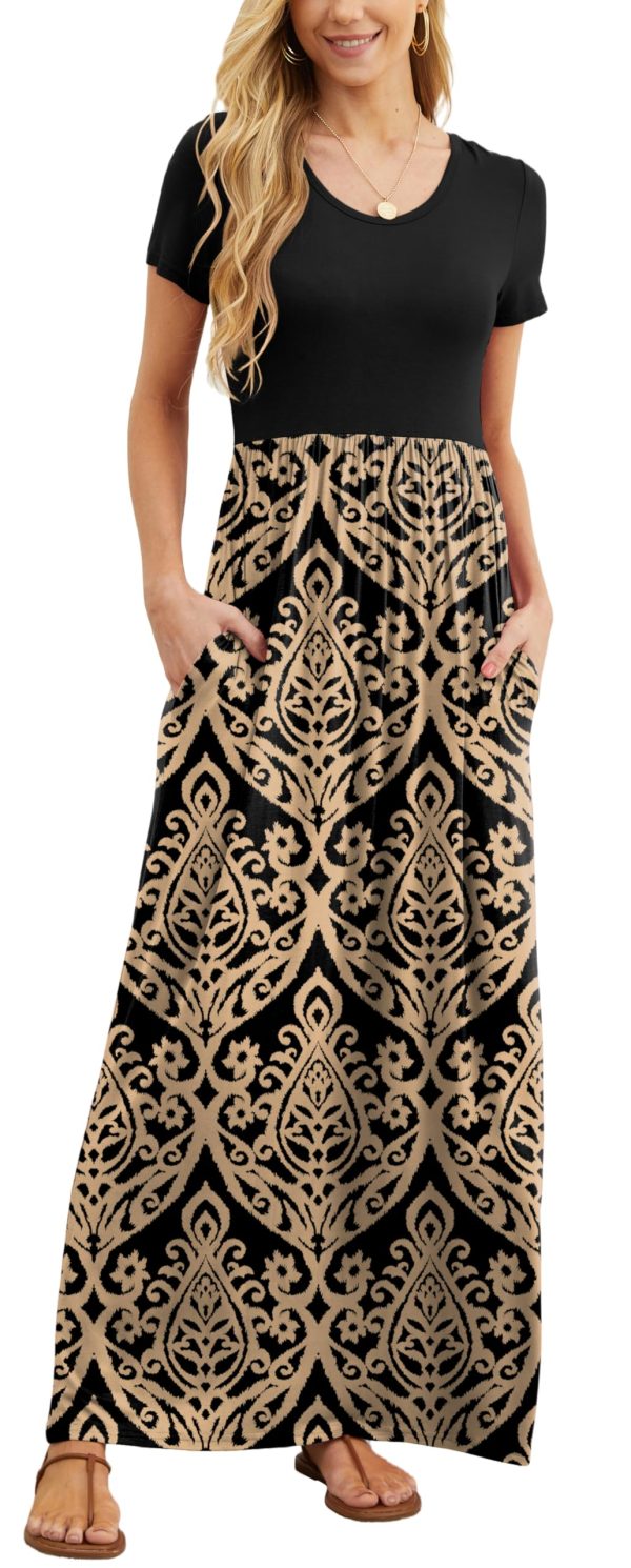 81zms-iWIeL.jpg Women Summer Crew Neck Casual Short Sleeve Solid Floral Print Long Maxi Dress with Pockets