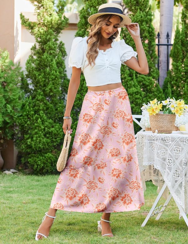 Women's Midi Summer 2025 Boho Elastic High Waist A-Line Flowy Swing Asymmetric Tiered Skirt Dress with Pockets
