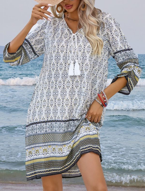 Women Casual Beach Summer Dress Boho Tassel Tie Neck 3/4 Long Sleeve Short Floral Print Flowy Cover Up Sundresses