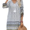 Women Casual Beach Summer Dress Boho Tassel Tie Neck 3/4 Long Sleeve Short Floral Print Flowy Cover Up Sundresses