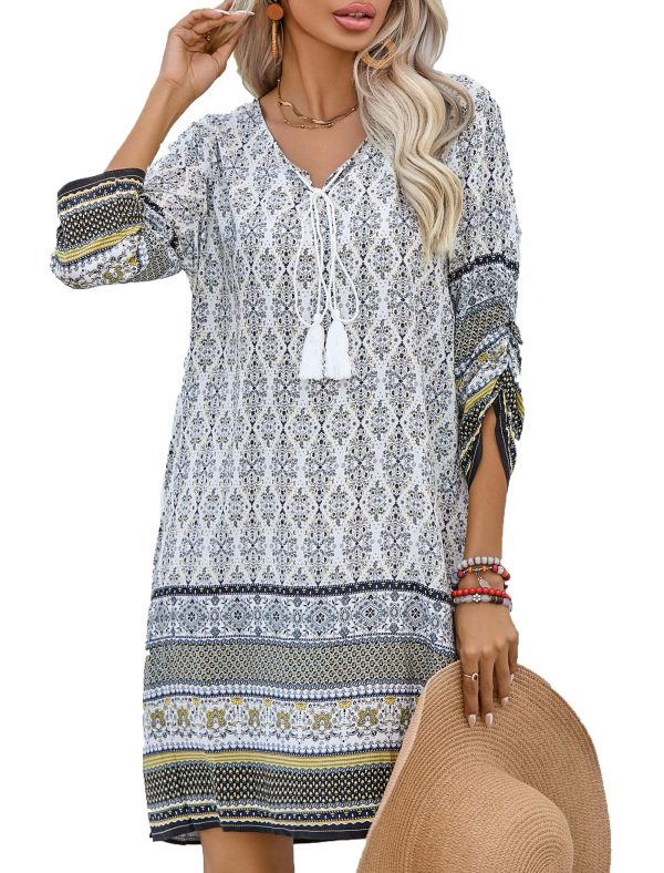 Women Casual Beach Summer Dress Boho Tassel Tie Neck 3/4 Long Sleeve Short Floral Print Flowy Cover Up Sundresses