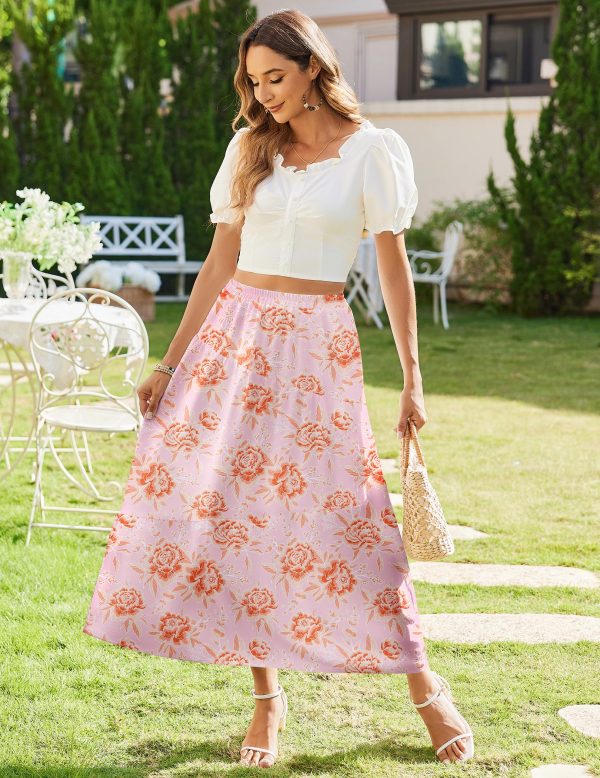 Women's Midi Summer 2025 Boho Elastic High Waist A-Line Flowy Swing Asymmetric Tiered Skirt Dress with Pockets