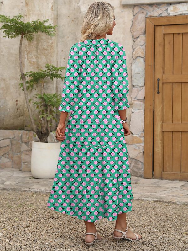 91zCKQR4fZL.jpg Women's Boho Maxi Dresses 2025 Summer Casual V Neck Puff Sleeve Floral Tiered Flowy Swing Beach Vacation Long Dress